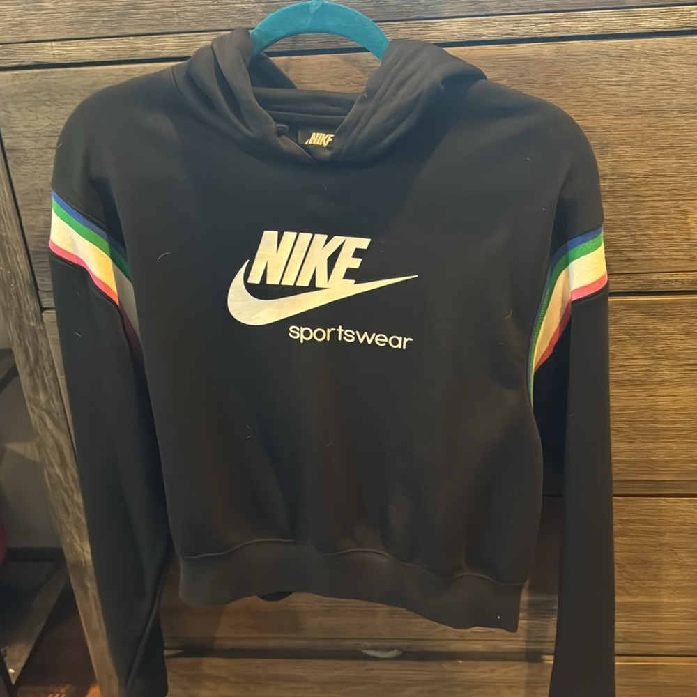 Nike Black Hoodie with Rainbow Striped Sleeves Size XS Oversized NWT